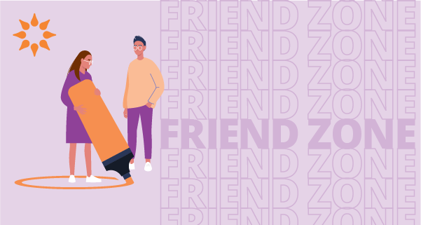 A header for the How To Get Out of the Friendzone article, depicting a woman drawing a circle around herself with marker as someone stands outside, looking at her with longing.