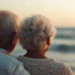 An elderly couple watching the sunset together.
