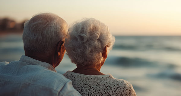 An elderly couple watching the sunset together.