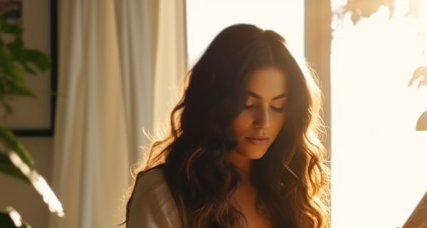 A woman meditating in front of a window.