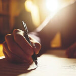 A person practicing automatic writing in a notebook.