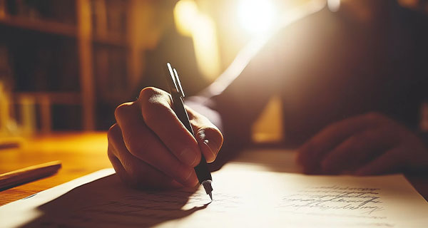 A person practicing automatic writing in a notebook.