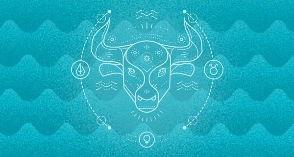 The symbol for Taurus, a bull's head, over a blue background