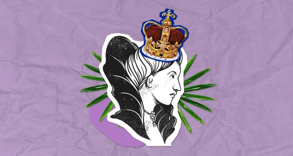 History and Benefits of Astrology drawing of Queen Elizabeth I with a crown over a purple background.