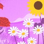Meanings of Wildflowers header image with roses, daisies, and sunflowers over a purple sky background.