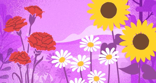 Meanings of Wildflowers header image with roses, daisies, and sunflowers over a purple sky background.