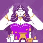 A destigmatizing psychics header drawing of a woman meditating over some candles in front of a purple background.