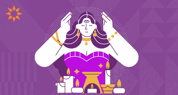 A destigmatizing psychics header drawing of a woman meditating over some candles in front of a purple background.