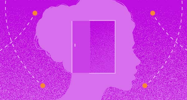 Open-mindedness blog header of a silhouette/outline of a girl over a purple background.