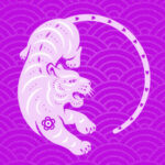 May 2022 Chinese Horoscope drawing of a tiger over a purple background.