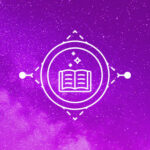 An image for the Akashic records, a book surrounded by two circles, over a purple cosmic background.