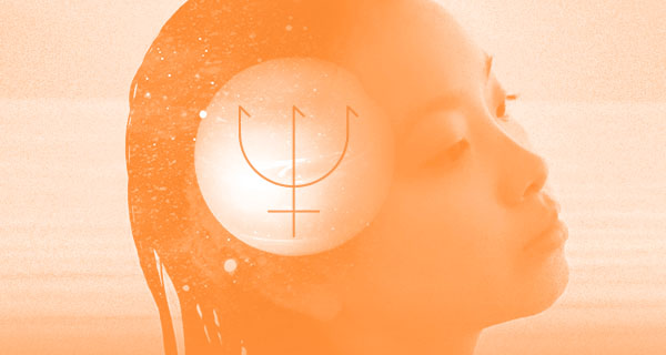 An orange-tinted image of a woman looking offscreen overlaid with the Neptune symbol.