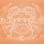 A drawing of a crab over a light orange background, with the symbol for water to its left, a crescent moon beneath it, and the Cancer symbol to its right.