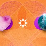 Crystal shape meanings header image with a pink heart-shaped crystal and a blue spherical crystal. They are sitting on an orange background with the California Psychics logo between them.