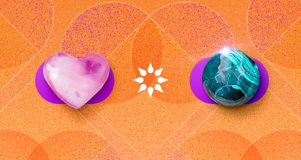 Crystal shape meanings header image with a pink heart-shaped crystal and a blue spherical crystal. They are sitting on an orange background with the California Psychics logo between them.