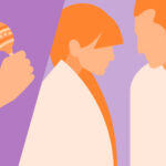 An image demonstrating the 2-2-2 rule, showing a graphic of a couple (colored in orange) over a purple background. To their left, a hand shakes a maraca.