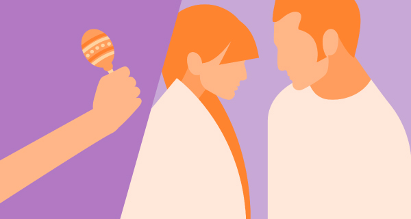 An image demonstrating the 2-2-2 rule, showing a graphic of a couple (colored in orange) over a purple background. To their left, a hand shakes a maraca.