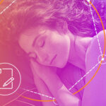 A dream journaling blog header depicting a woman with her arms folded under her head as she sleeps. The image is tinted with an orange-purple gradient.