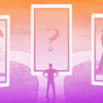 A purple-orange gradient image that shows a small man standing in front of three tarot cards for big decisions. On the left is The Emperor, and on the right is The Hermit. The center card is unknown.