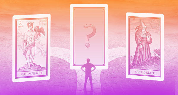 A purple-orange gradient image that shows a small man standing in front of three tarot cards for big decisions. On the left is The Emperor, and on the right is The Hermit. The center card is unknown.