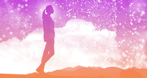 A dream meaning quiz header depicting a woman walking on a hillside at night. The sky is purple and the ground is painted in orange. Small stars twinkle in the background.