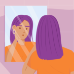 An image of a woman in a purple-haired woman in an orange shirt. She is looking in a mirror and trying to stand up for herself.