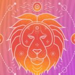 A Leo lucky traits blog header, depicting an orange image of a lion surrounded by a droplet of water, the Leo sign, and the sun. The image is colored with an orange-to-purple gradient.