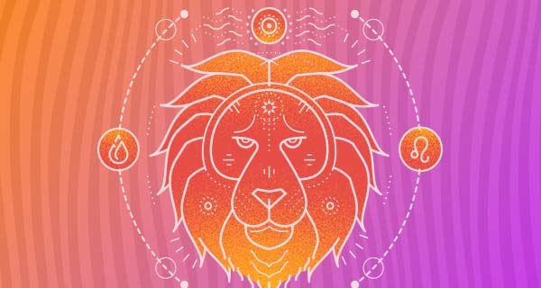 A Leo lucky traits blog header, depicting an orange image of a lion surrounded by a droplet of water, the Leo sign, and the sun. The image is colored with an orange-to-purple gradient.