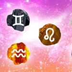 An image depicting crystals for different zodiac signs, with Aries over a red stone, Gemini over a black stone, Aquarius over an orange stone, Leo over a brown stone, Taurus over a gray stone, and Pisces over a purple stone.