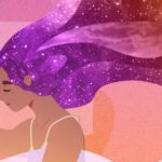 An image of a girl with brown skin asleep, her hair fading into a galaxy as she dreams.