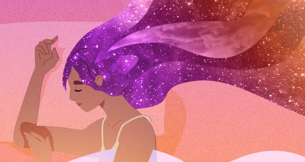 An image of a girl with brown skin asleep, her hair fading into a galaxy as she dreams.