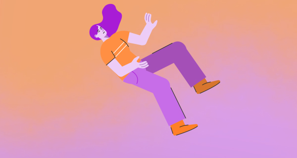 A falling dreams graphic, showing a drawing of a woman falling through the sky. The image is colored with an orange-to-purple gradient.