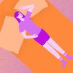 A graphic depicting the best sleeping position for one individual, showing a purple-colored drawing of a woman sleeping with one arm under her head on an orange-colored bed.