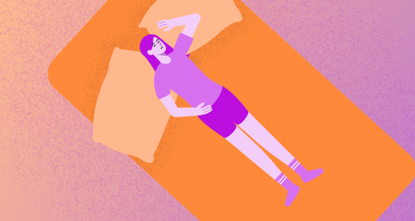 A graphic depicting the best sleeping position for one individual, showing a purple-colored drawing of a woman sleeping with one arm under her head on an orange-colored bed.