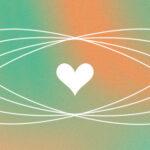 An emotional healing blog header depicting a white heart on a tie-dye green-and-orange background, surrounded by orbiting circles.