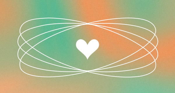 An emotional healing blog header depicting a white heart on a tie-dye green-and-orange background, surrounded by orbiting circles.