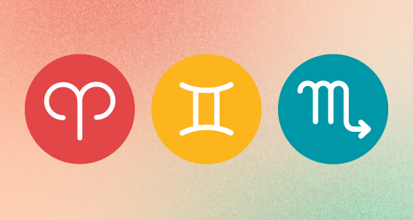 The symbol for Aries, Gemini, and Virgo over a red-orange-teal gradient background.