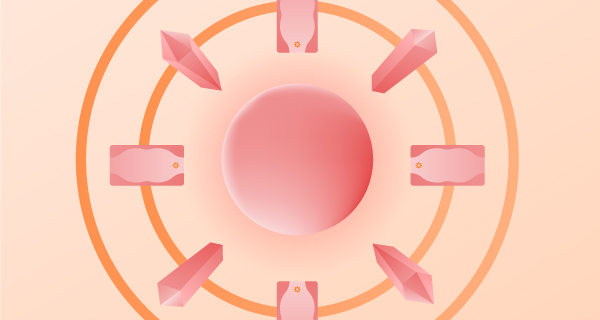 An image for the Autumn Equinox, showing a reddish circle surrounded by two orange rings, with the inner ring holding an alternating series of crystals and Tarot cards.