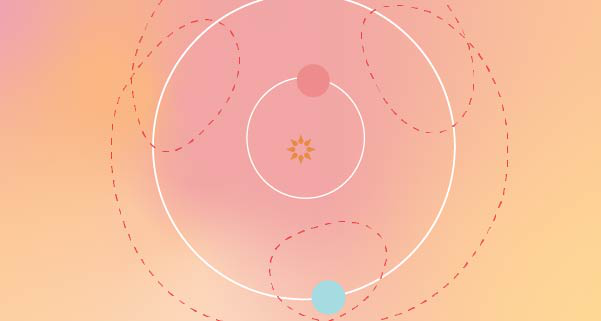 An image showing the orbital paths of Mercury Retrograde and earth as they move around the sun. The background is a pink-to-orange gradient that radiates out from the center.