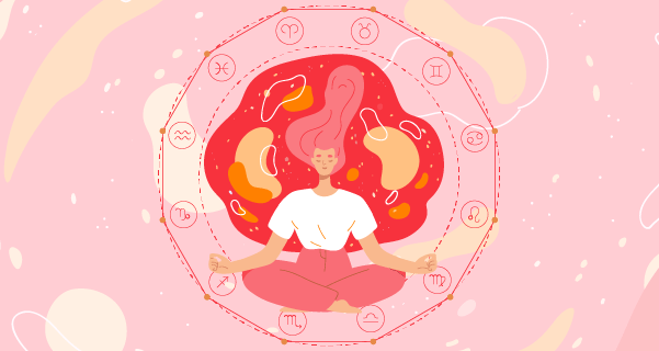 A woman in a white shirt and pink pants, legs crossed as she meditates on her potential career path. Around her are the 12 signs of the zodiac.