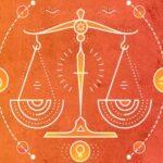 A stylized image of the Libra scales, drawn in yellow over a rich orange background.