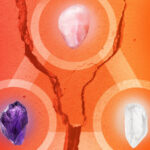 An image with an orange background with three crystals for emotional healing positioned in a triangle. At the top is rose quartz, at the bottom left is amethyst, and at the bottom right is selenite.