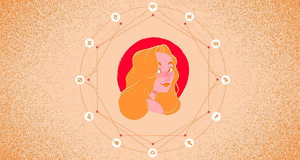 An image of a beautiful blonde woman with a red circle behind her head. The background is a light orange, and she is surrounded by the twelve symbols of the zodiac.