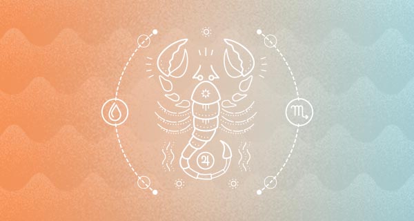 An image of a scorpion over an orange-teal gradient background. To the scorpion's left is the water symbol, and to its right is the Scorpio symbol.