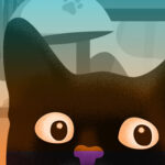 An image of the top half of a black cat's head, as if it is mischievously peeking up at you over a counter or table. Its eyes are wide and it is excitedly looking at something off-screen.
