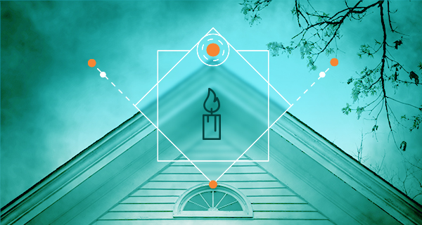 A blue-tinted image of the roof of a house. A sigil of a candle is in the center of the image.
