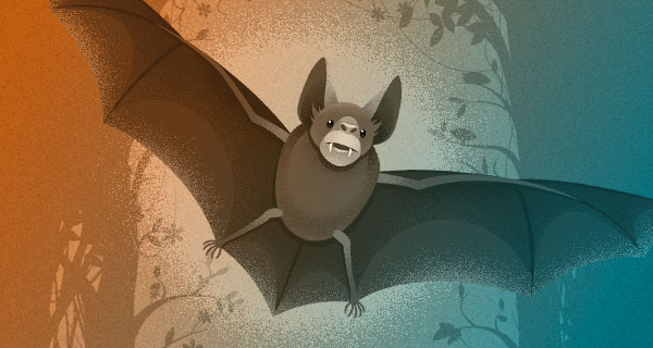 An image of a vampire bat with its wings spread, flying across a dim orange and teal sky.