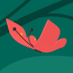 An image of a pink butterfly floating across the sky. A tree stands in the background, which is colored a dark teal.