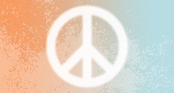 An image with an orange-to-teal gradient background, and a white peace sign at the forefront.