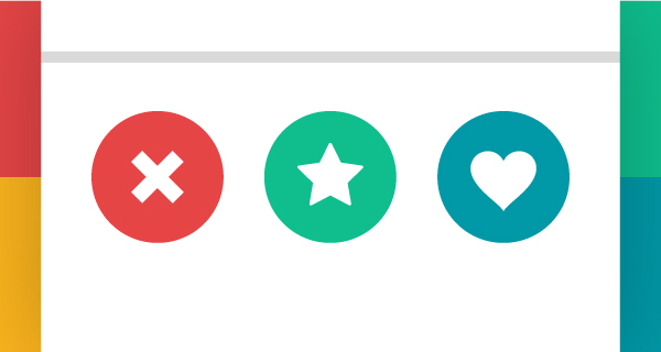 An image of the different symbols from Tinder lined up: a red "x," a green star, and a blue heart. A colorful border outlines the image.